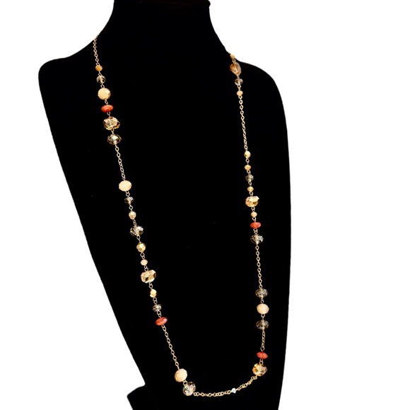 LOFT Long Beaded Station Necklace Amber Warm Tones NWT - Picture 8 of 9